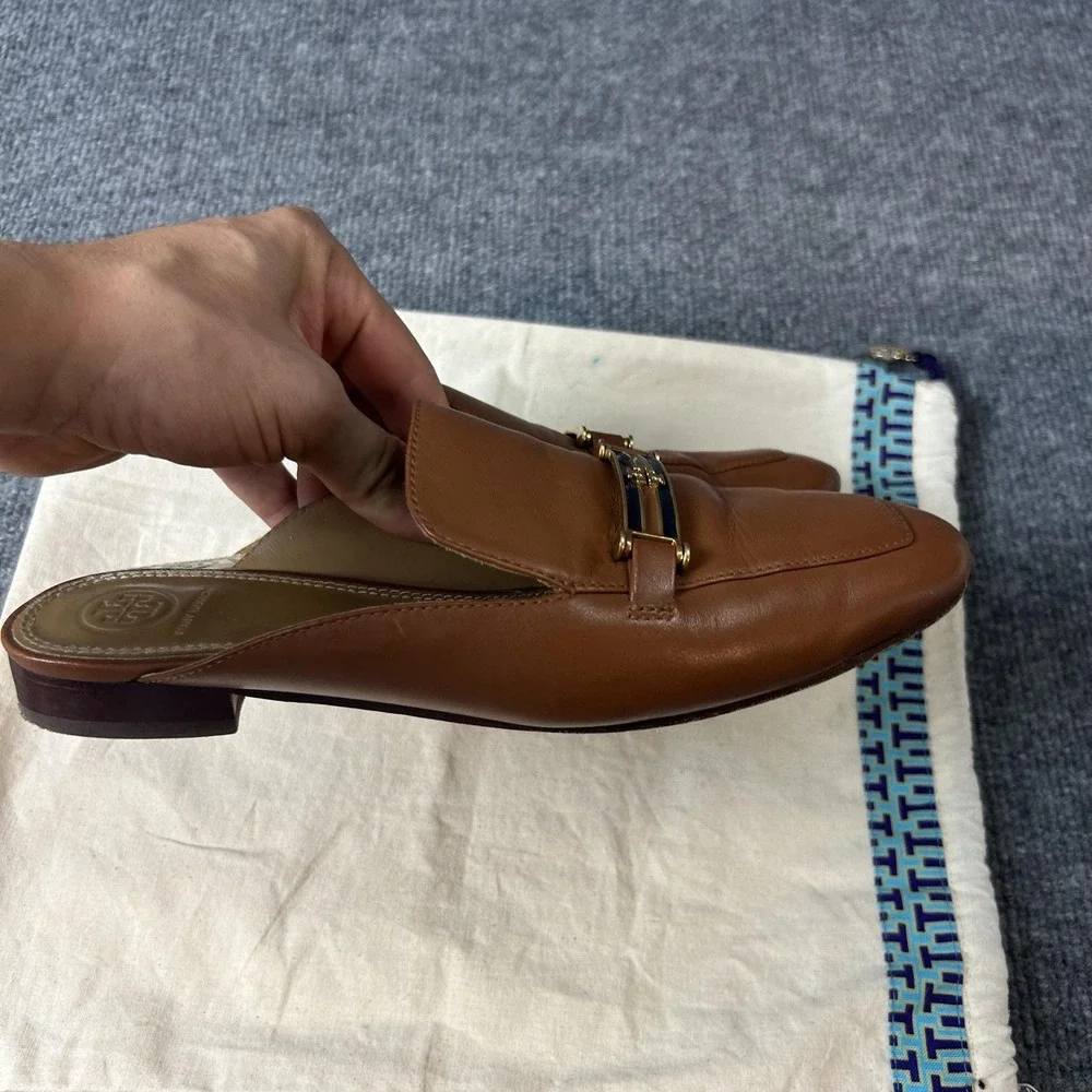 Tory Burch Loafer Shoes Womens Size 8.5 Brown Leather Mule Slip On Bit Logo